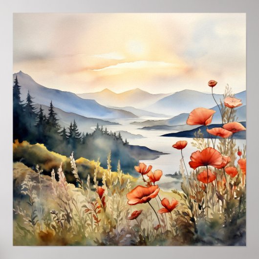 Berglandschap Waterverf Schilderij Kunst Print (Voorkant)