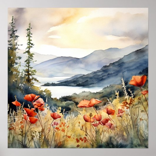 Berglandschap Waterverf Schilderij Kunst Print (Voorkant)