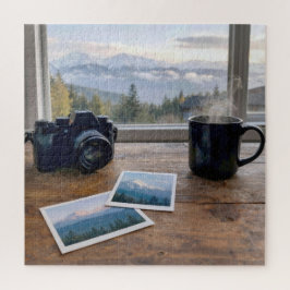 Berglandschappen met camera en koffie vastleggen legpuzzel