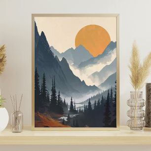 Berglandschapsillustratie Sinaasappel grijs Poster