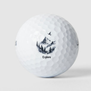 Berglandschaptekening met vliegende vogel golfballen