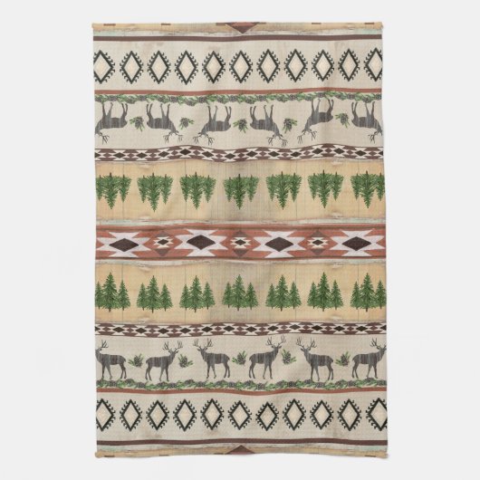Berglodge Rustic Wood Forest Deer Tribal Art Theedoek (Verticaal)