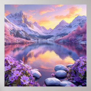 Bergmeer bij zonsopgang poster