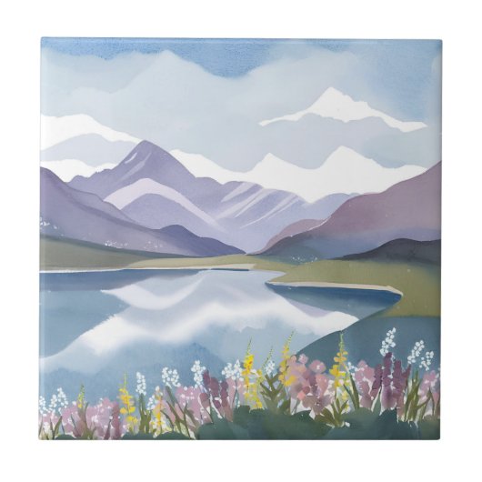 Bergmeer | Bloemig Waterverf Landschap Tegeltje (Voorkant)