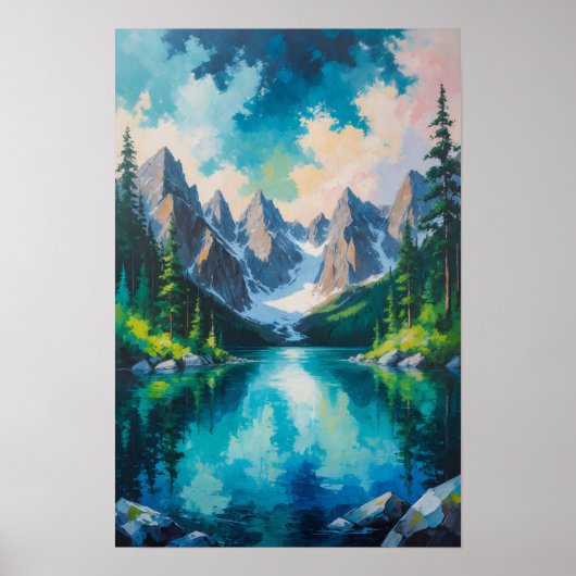 Bergmeer met dennenbos reflectie Scène Poster (Voorkant)