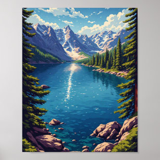 Bergmeer met pijnbomenbos en rotsachtige kust Nat Poster