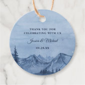 Bergmeer Pine Trees Blue Waterverf Wedding Bedankjes Labels (Voorkant)
