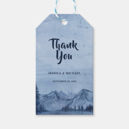 Bergmeer Pine Trees Blue Waterverf Wedding Cadeaulabel