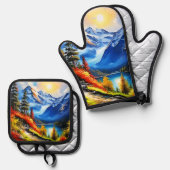 Bergmeer: Schilderachtig Uitzicht Ovenwant & Pannenlap Set (Voorkant / Achterkant)