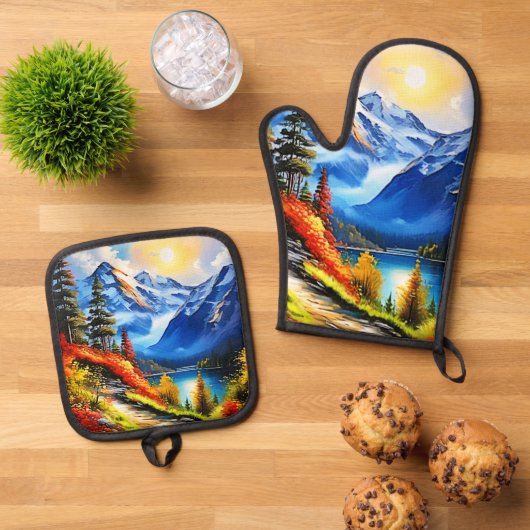 Bergmeer: Schilderachtig Uitzicht Ovenwant & Pannenlap Set (Top down)