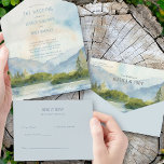 Bergmeer Waterverf Wedding All In One Uitnodiging<br><div class="desc">Drievoudige huwelijksuitnodiging voor het bergen met schilderachtig waterverf in tinten stoffige blauw en groen. De lakeside scène bevat bergen,  grove en pijnbomen,  het meer en een lichte hemel. Als je producten wilt vergelijken,  surf dan naar mijn collectie van het bergmeer.</div>