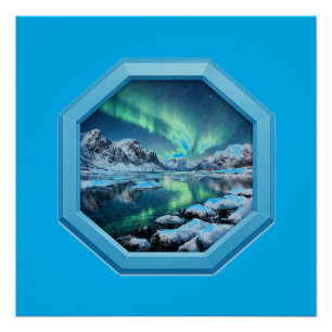 Bergmeer Weerspiegelt Noorderlicht in Blauwe Lijst Perfect Poster