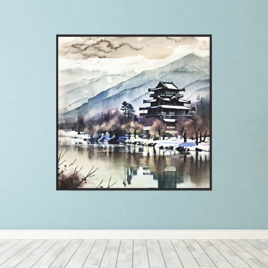 Bergpagode aan de rivier (winter) canvas afdruk (Insitu (Houten vloer))