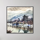 Bergpagode aan de rivier (winter) canvas afdruk (Voorkant)