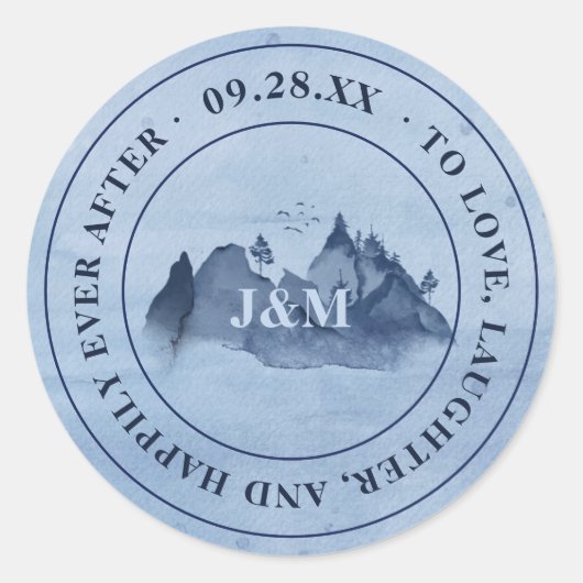 Bergpine Trees Blue Monogram Weddenschap Ronde Sticker (Voorkant)