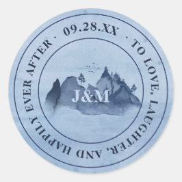Bergpine Trees Blue Monogram Weddenschap Ronde Sticker