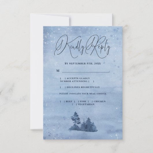 Bergpine Trees Light Blue Winter Wedding Meal RSVP Kaartje (Voorkant)