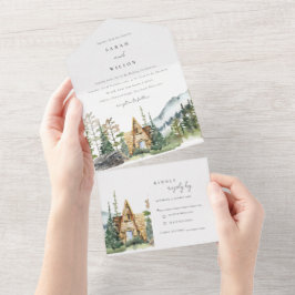 Bergpine wood Cabin Wedding Invite All In One Uitnodiging