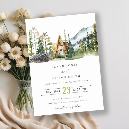 Bergpine wood Cabin Wedding Invite Bedankkaart