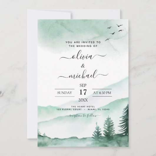 Bergrijke Waterverf Greenery Wedding Invita Kaart (Voorkant)