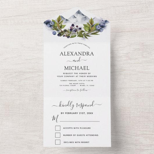 Bergrijke Waterverf Greenery Wedding RSVP All In One Uitnodiging (Binnen)