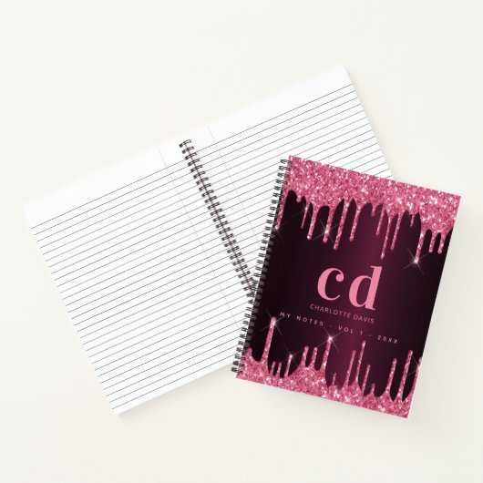 Bergroze glitter druppelt monogram initialen naam notitieboek (Binnen)