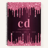 Bergroze glitter druppelt monogram initialen naam notitieboek (Voorkant)