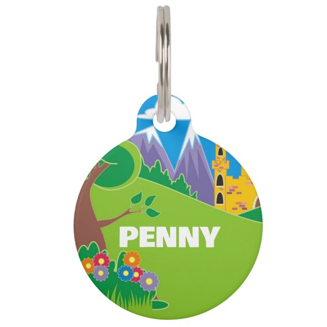 Bergscène met Castle Round Pet Tag Huisdierpenning (Voorkant)