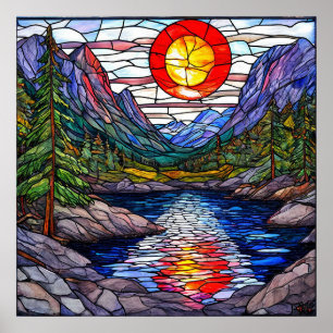 Bergscène met een meer en bomen poster