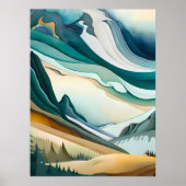 Bergschilderij abstract Blauw Bewolkt Pijnboom Poster (Voorkant)