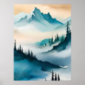 Bergschilderij Blauwe heuvel Mist Wolk Pijnboom Poster (Voorkant)
