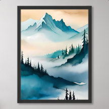 Bergschilderij Blauwe heuvel Mist Wolk Pijnboom