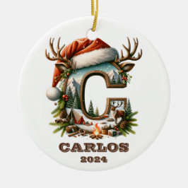 Bergvakantie C Initiaal met Geweih Kerstman Hoed Keramisch Ornament