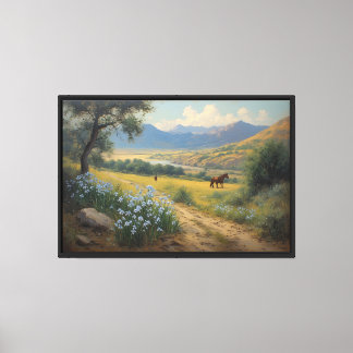 Bergvallei met paarden en blauwe bloemen canvas afdruk