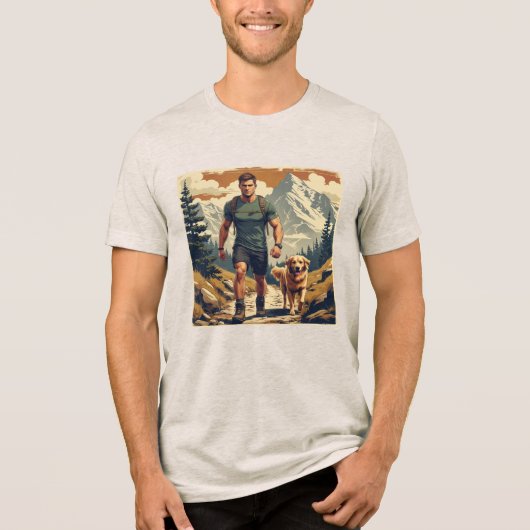Bergwandelillustratie met Wandelaar en Hond  Tri-Blend Shirt (Voorkant)