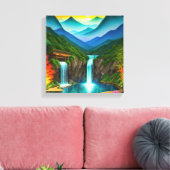 Bergwatervallen in glinsterende vijver canvas afdruk (Insitu (Woonkamer))