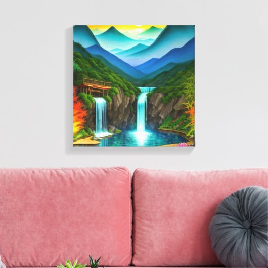 Bergwatervallen in glinsterende vijver canvas afdruk (Insitu (Woonkamer))