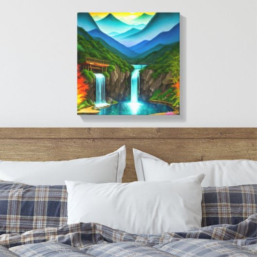 Bergwatervallen in glinsterende vijver canvas afdruk (Insitu (Slaapkamer))