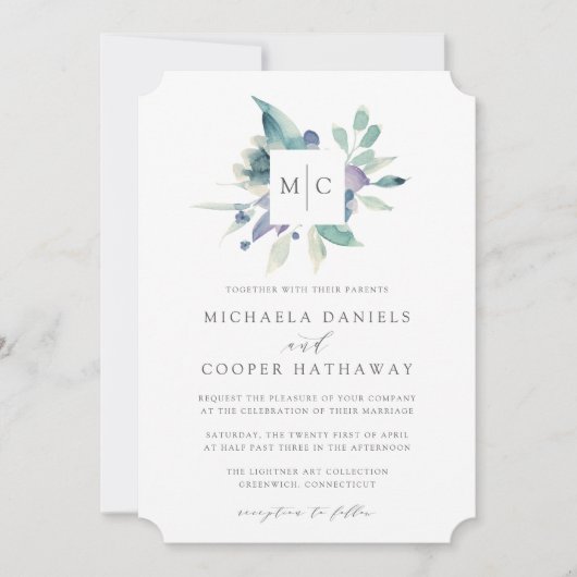 bergweide | Waterverf Monogram Bruiloft Kaart (Voorkant)