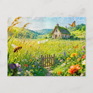 Bergweidehuisje met bloemen, hek en maar briefkaart