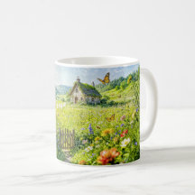 Bergweidehuisje met bloemen, hek en maar
