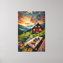 Bergzonsondergang Blokhut Sereniteit Canvasprint Canvas Afdruk