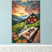 Bergzonsondergang Blokhut Sereniteit Canvasprint Canvas Afdruk (Insitu (Houten vloer))