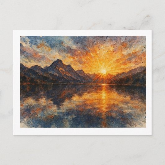 Bergzonsondergang boven meer,  briefkaart (Voorkant)