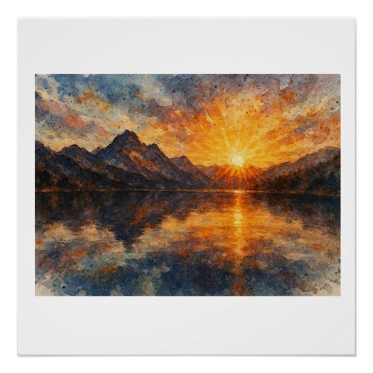 Bergzonsondergang boven meer,  perfect poster (Voorkant)