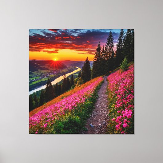 Bergzonsondergang met wilde bloemen canvas afdruk (Voorkant)