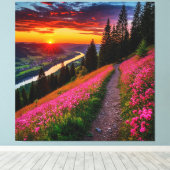 Bergzonsondergang met wilde bloemen canvas afdruk (Insitu (Houten vloer))