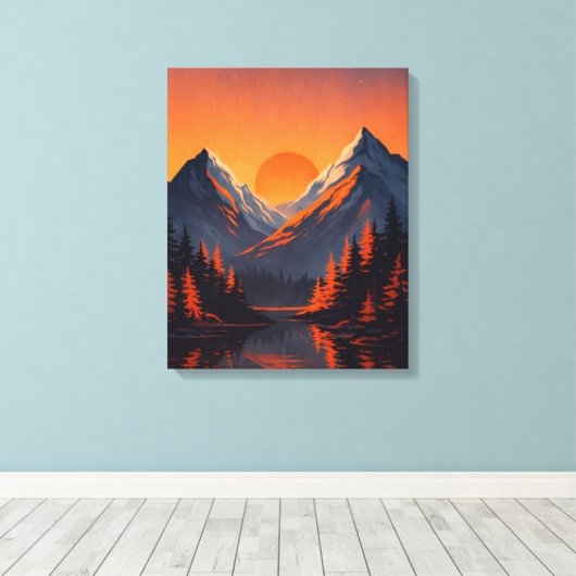 Bergzonsondergang Reflectie Vurig Oranje Lucht Canvas Afdruk (Insitu (Houten vloer))