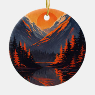 Bergzonsondergang Reflectie Vurig Oranje Lucht Keramisch Ornament