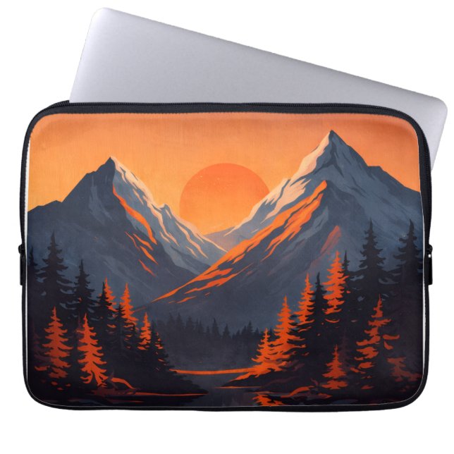 Bergzonsondergang Reflectie Vurig Oranje Lucht Laptop Sleeve (Voorkant)